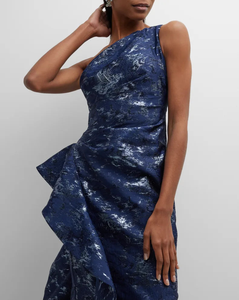 Metallic Jacquard One-Shoulder Side-Ruffle Gown Beautiful and charming simple and unique design