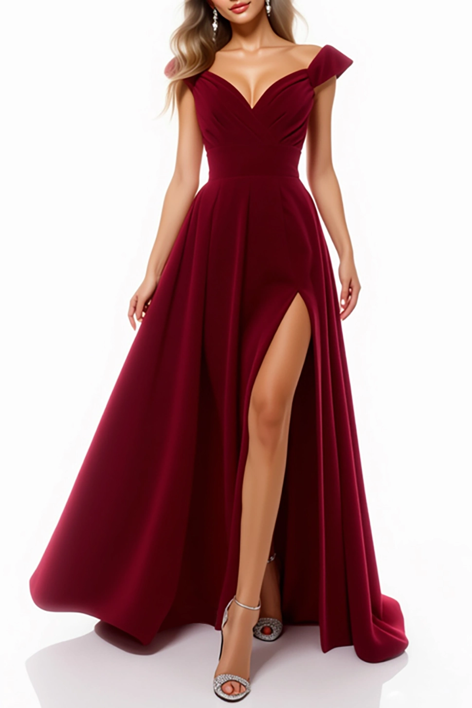 Evening Formal Gown Burgundy V Neck High Slit Floor-Length Dress