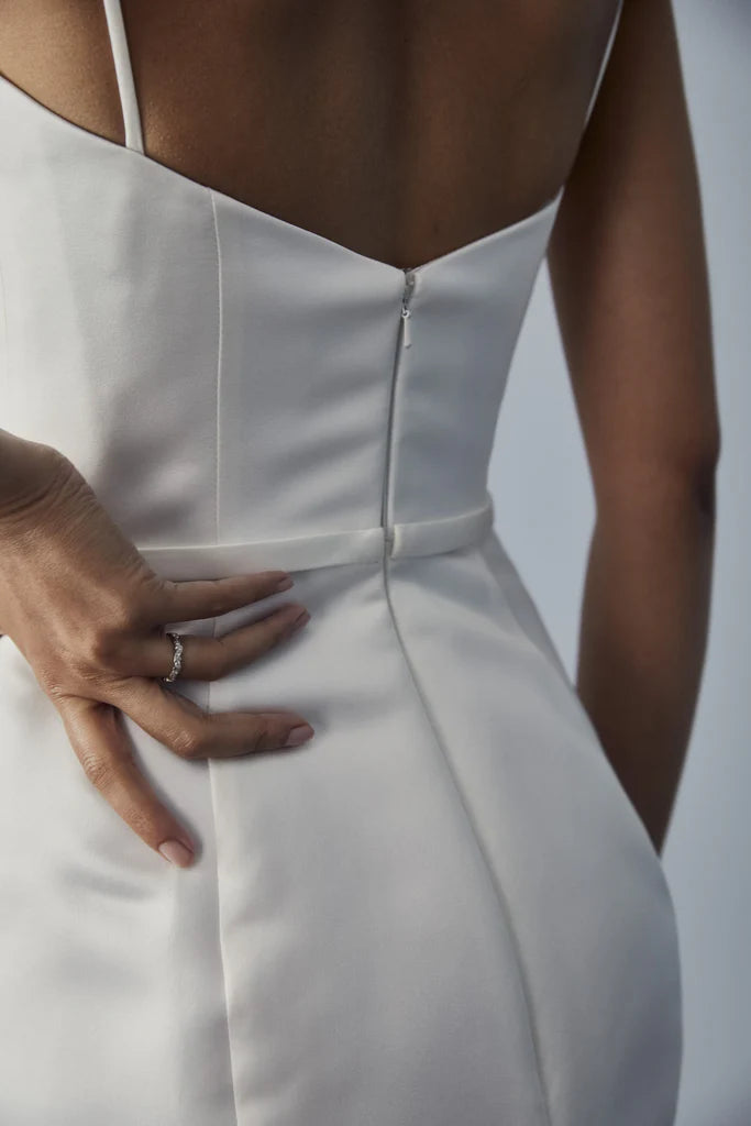 Fluid satin half moon gathered gown with asymmetric side drape Duchess Satin Sheath Dress spheric beautiful and unique desig