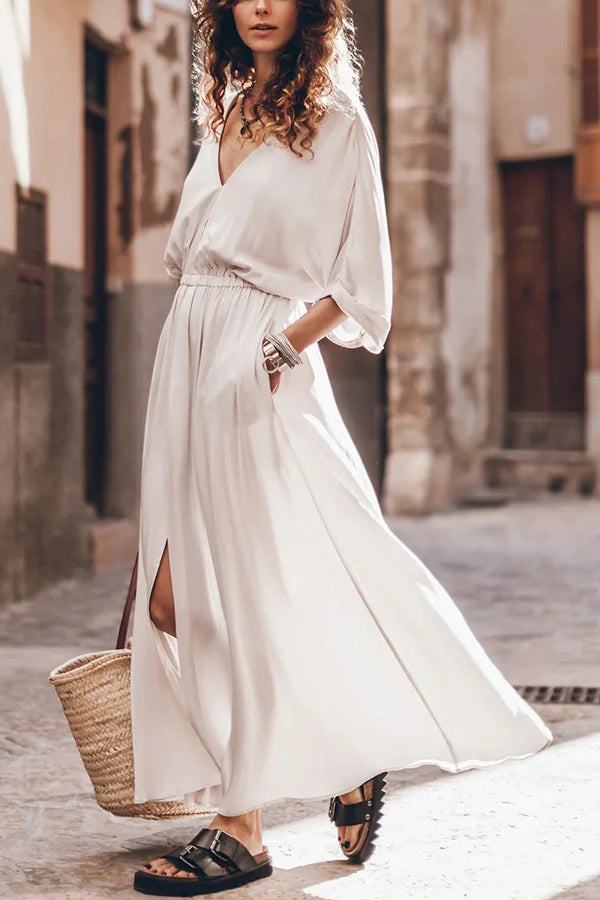 Soft and Elegant Kimono Sleeve Stretchy Waist Pocketed Slit Maxi Dress Simple atmospheric beautiful and unique desi
