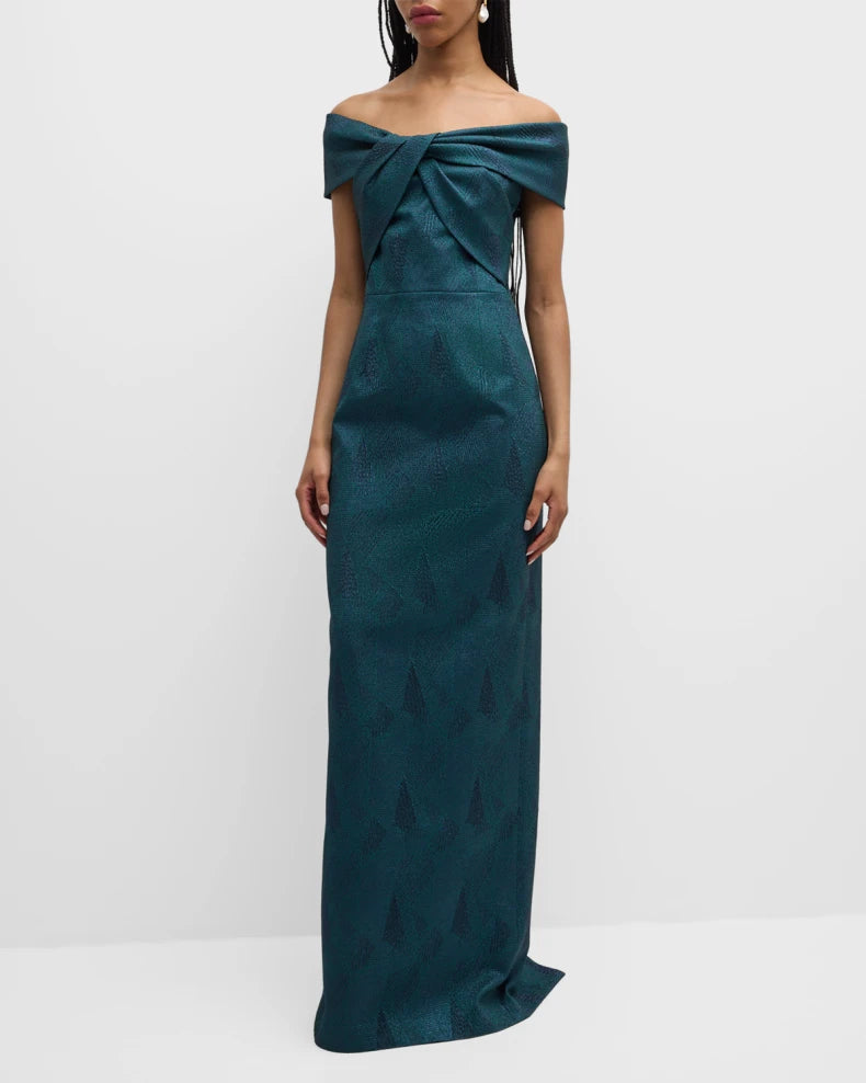 Off-Shoulder Stretch Jacquard Column Gown Beautiful and charming simple and unique design