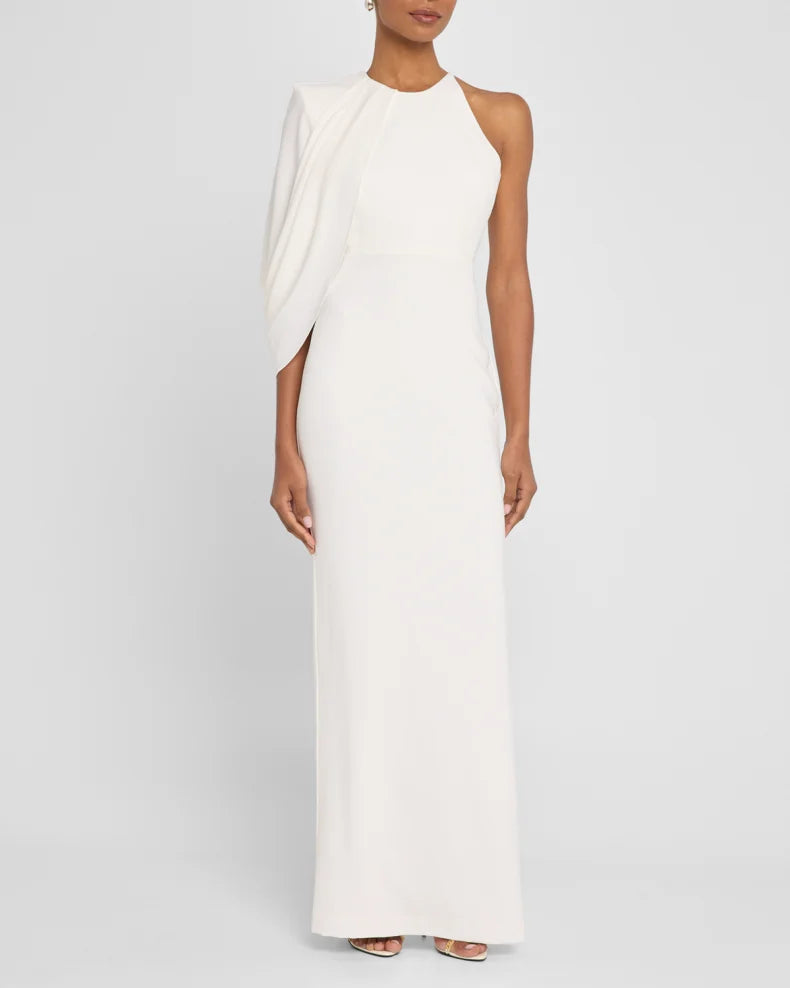 Asymmetric Cape-Sleeve Crepe Column Gown Beautiful and charming simple and unique design