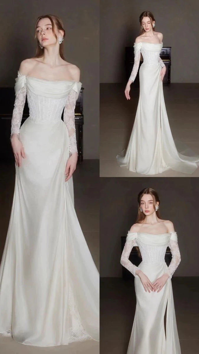 Elegant Off Shoulder Lace Wedding Dress Long Bridal Gown