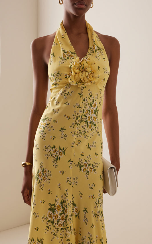 Floral-Print Silk Midi Dress Full of charm simple and atmospheric