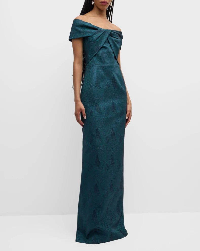 Off-Shoulder Stretch Jacquard Column Gown Beautiful and charming simple and unique design