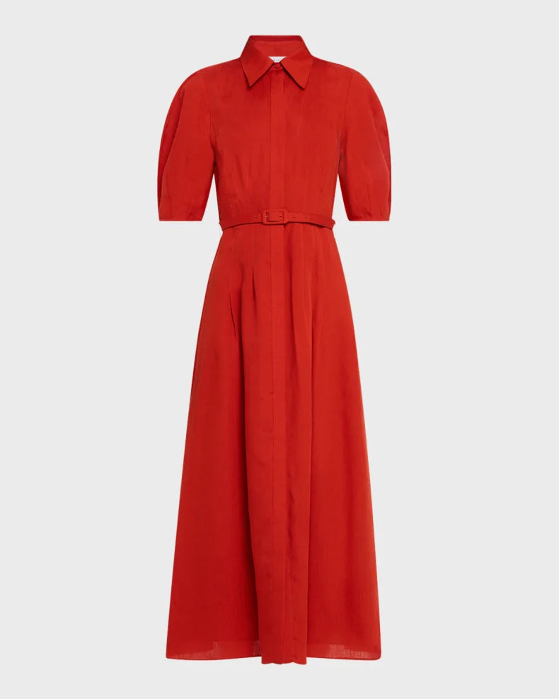 Maude Puff-Sleeve Belted Linen Midi Shirtdress Simple beautiful generous and full of charm