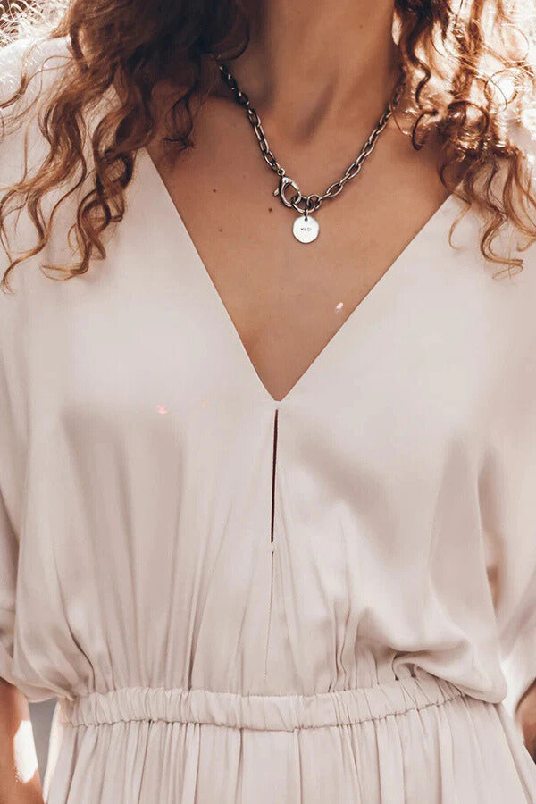 Soft and Elegant Kimono Sleeve Stretchy Waist Pocketed Slit Maxi Dress Simple atmospheric beautiful and unique desi