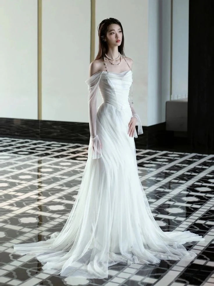 Elegant Off Shoulder Simple Wedding Dress Long Bridal Gown