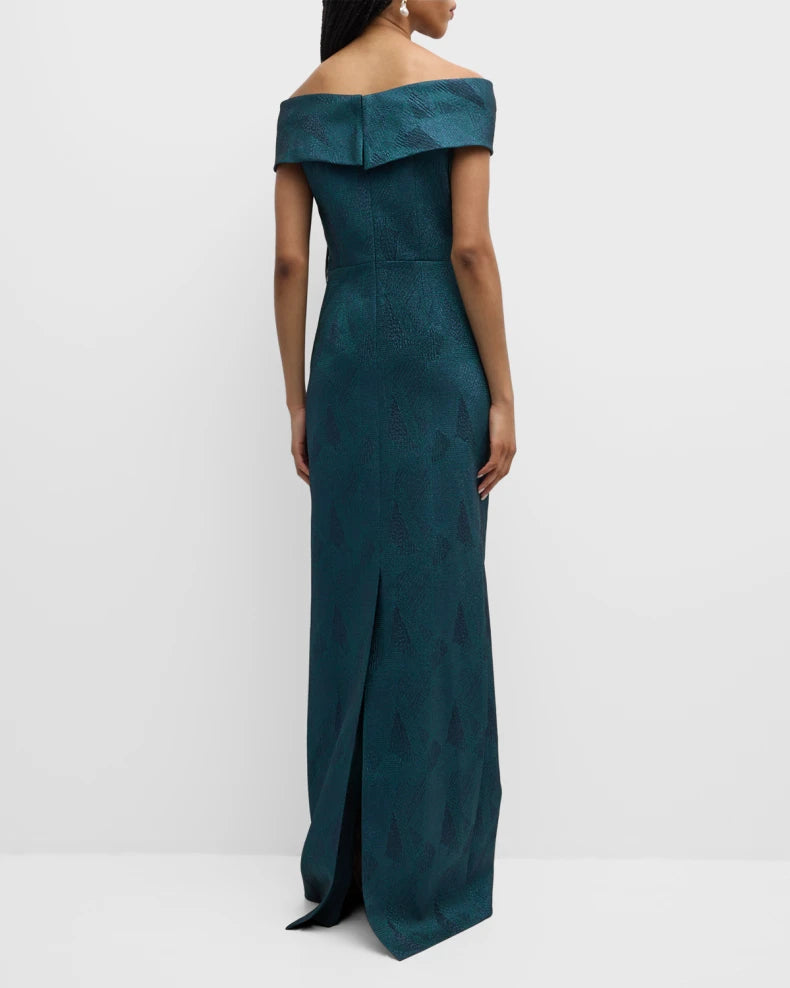 Off-Shoulder Stretch Jacquard Column Gown Beautiful and charming simple and unique design