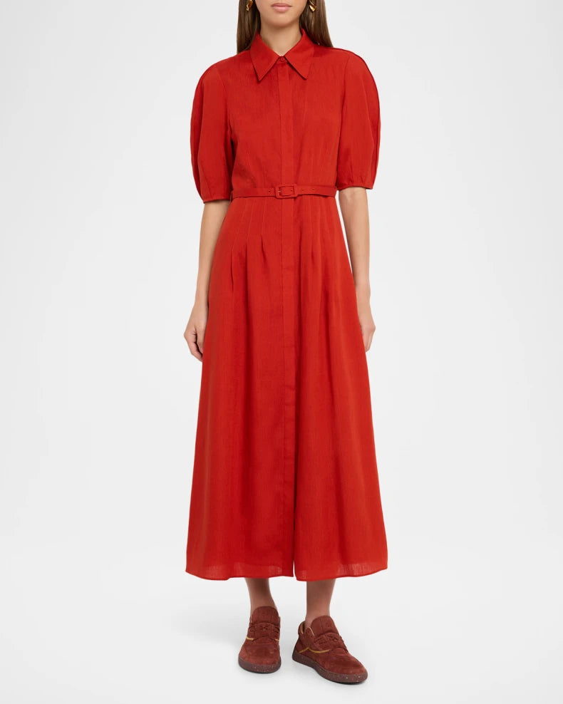 Maude Puff-Sleeve Belted Linen Midi Shirtdress Simple beautiful generous and full of charm