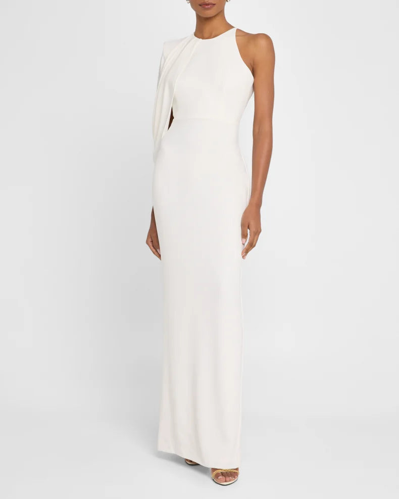 Asymmetric Cape-Sleeve Crepe Column Gown Beautiful and charming simple and unique design