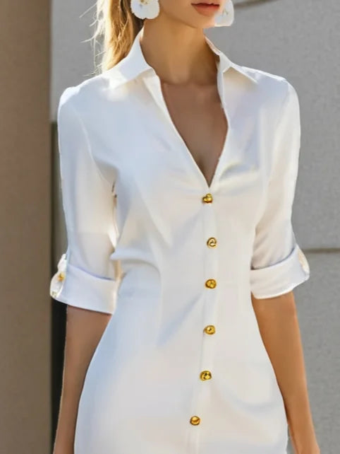 Simple beautiful generous and full of charm White Buckle Shirt Dress Shirt Collar Short Sleeve Sheath Midi Dress