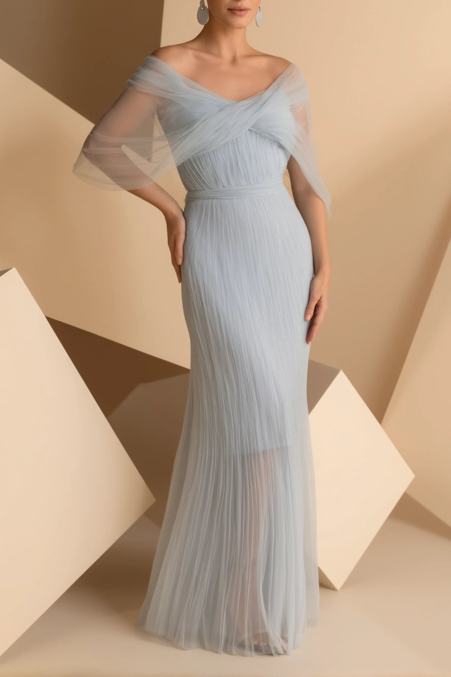 Simple beautiful generous and full of charm Prom Dress Wedding Guest Party Dress Light Blue Mesh Off Shoulder Floor Dress