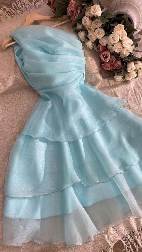 Elegant One Shoulder Party Layered Evening Dress Homecoming Dress Blue Beach Dress