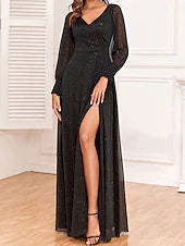 Dress Mother of the Bride Dress Elegant Party Black Dress V Neck Floor Length Polyester Long Sleeve with Sequin