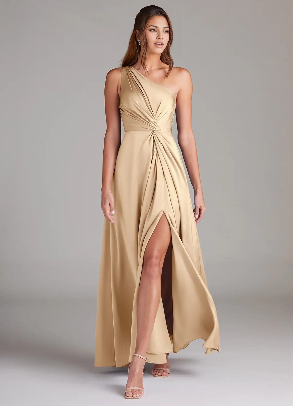 Champagne A-Line One Shoulder Stretch Satin Dress simple gentle atmospheric and unique desi Bring summer colors to enhance white