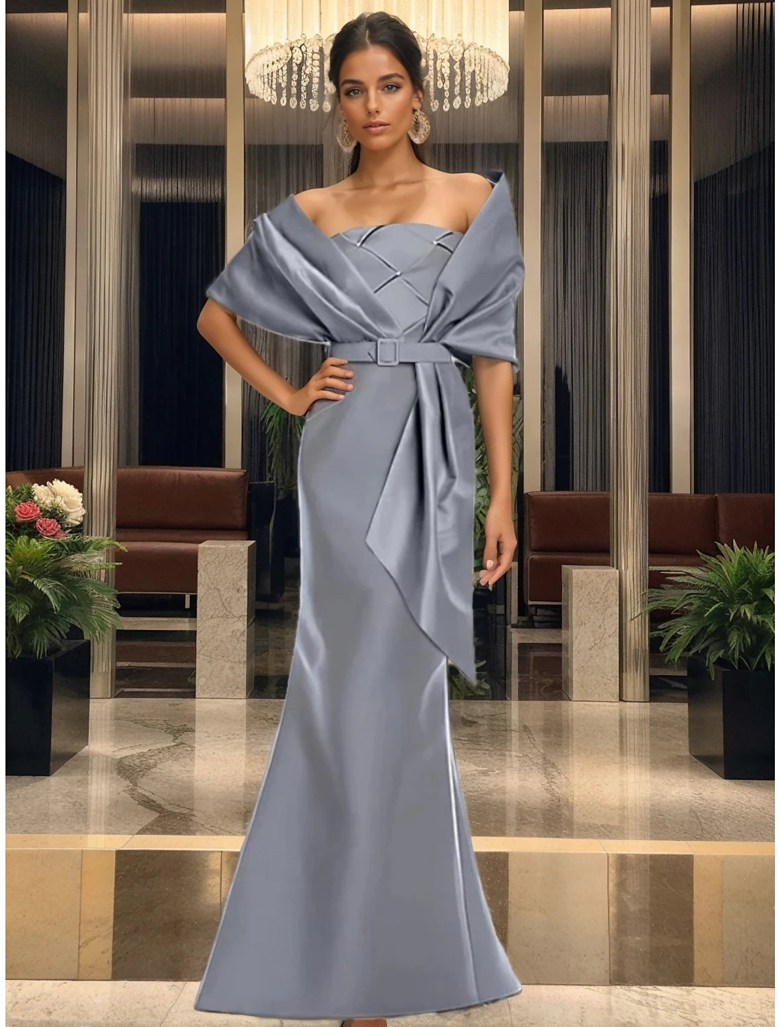 Blue Black Mermaid / Trumpet Evening Gown Elegant Dress Formal Wedding Floor Length Short Sleeve Spaghetti Strap Belt Satin with Ruffles Shawl