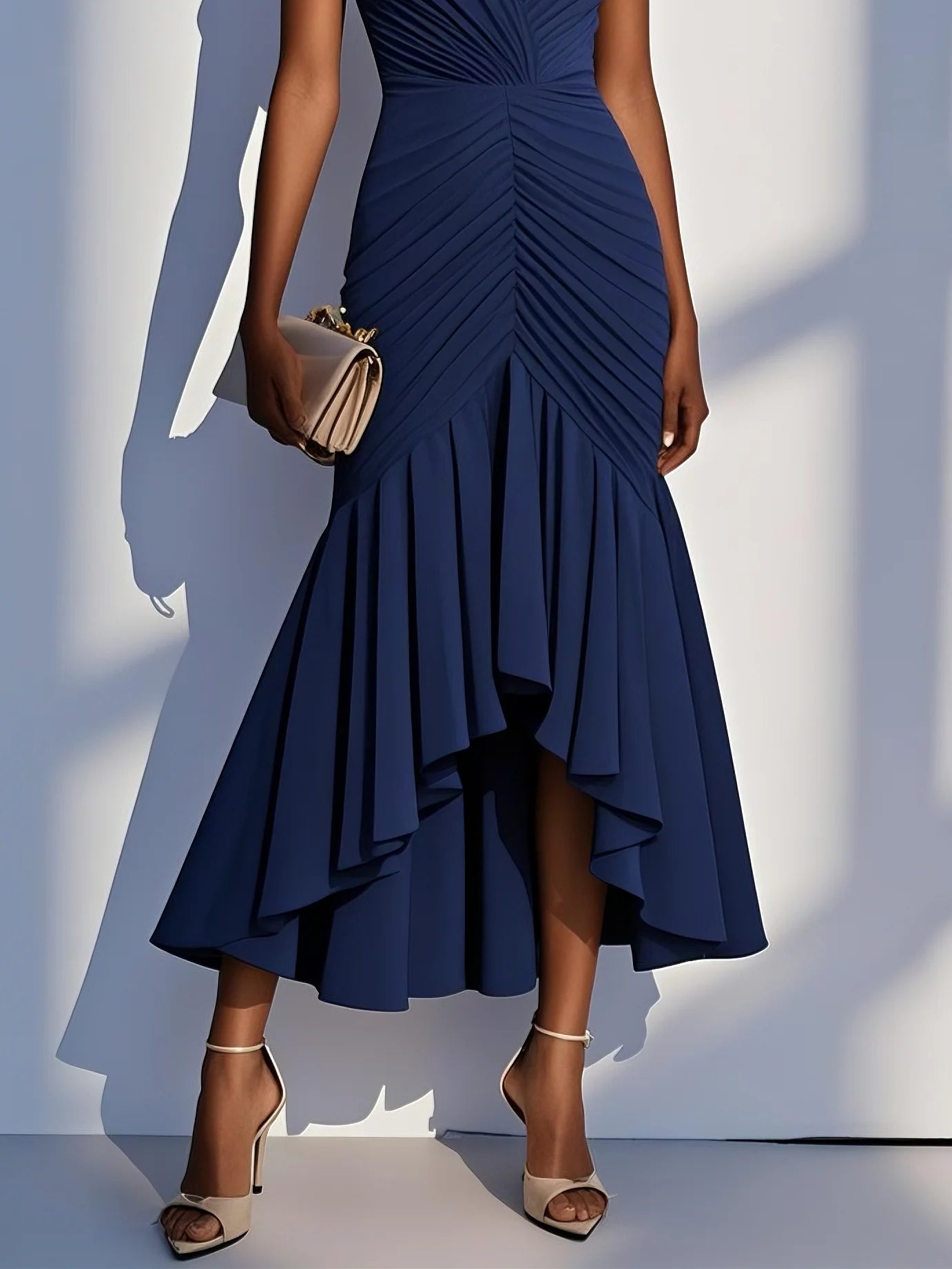 Purplish Blue Shirred Ruched Chiffon Lotus Leaf Collar Cap Sleeve Ruffle Sleeve Mermaid Midi Dress