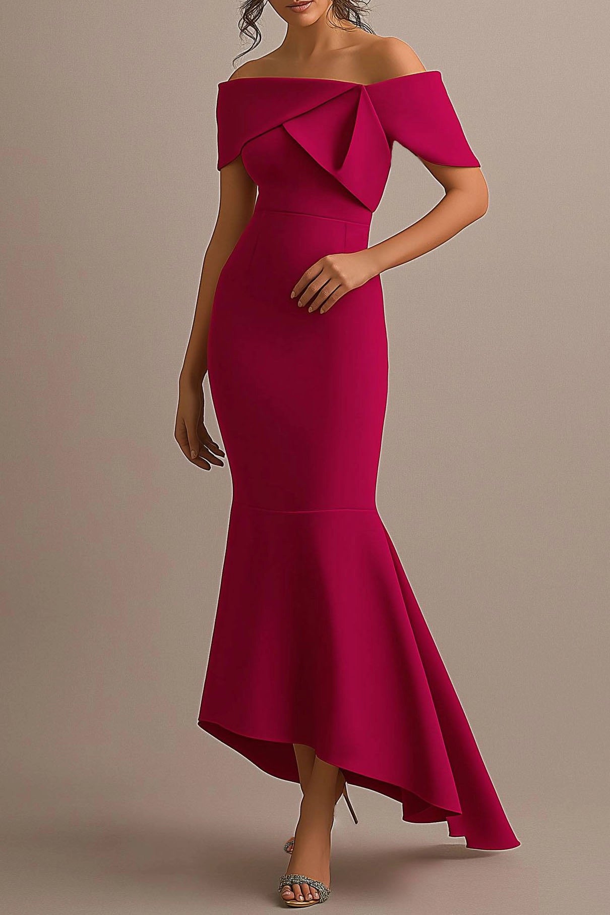 Formal Evening Rose Off Shoulder Mermaid Maxi Dress