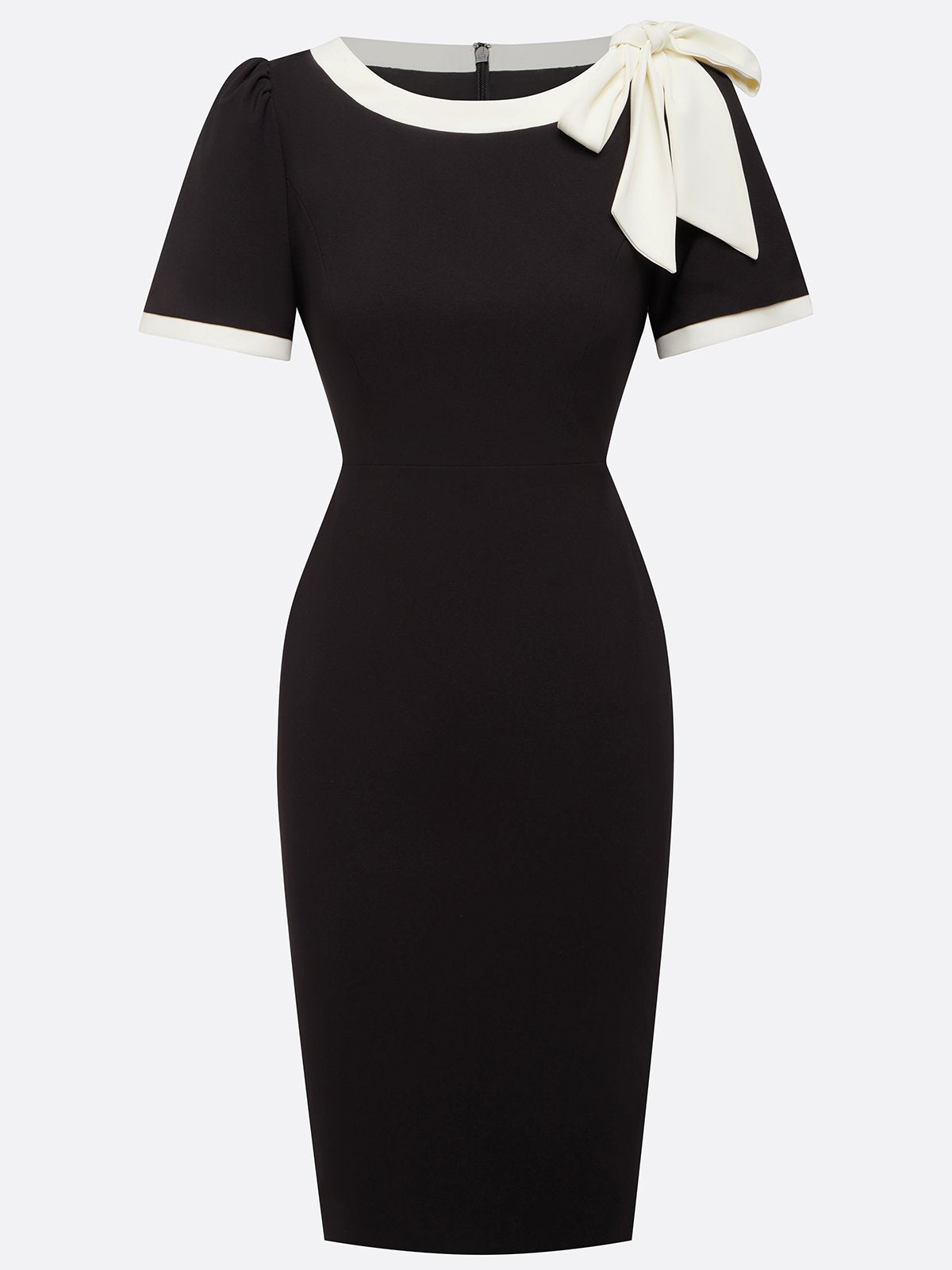 Black Bow Short Sleeve Sheath Midi Dress