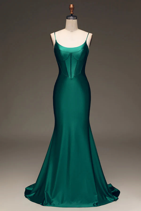 Satin Mermaid Lace-Up Back Dark Green Prom Dress with Corset Simple gentle atmospheric and unique desig