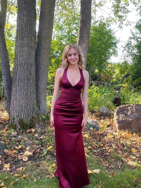 Simple Burgundy V Neck Long Party Dress Formal Prom Dress
