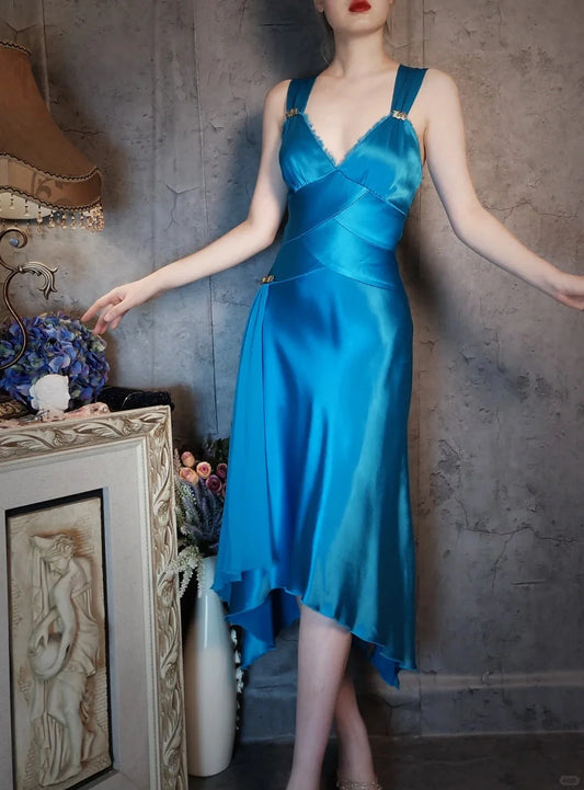 V-neck long sleeveless rhinestone navy blue Homecoming Dresses
