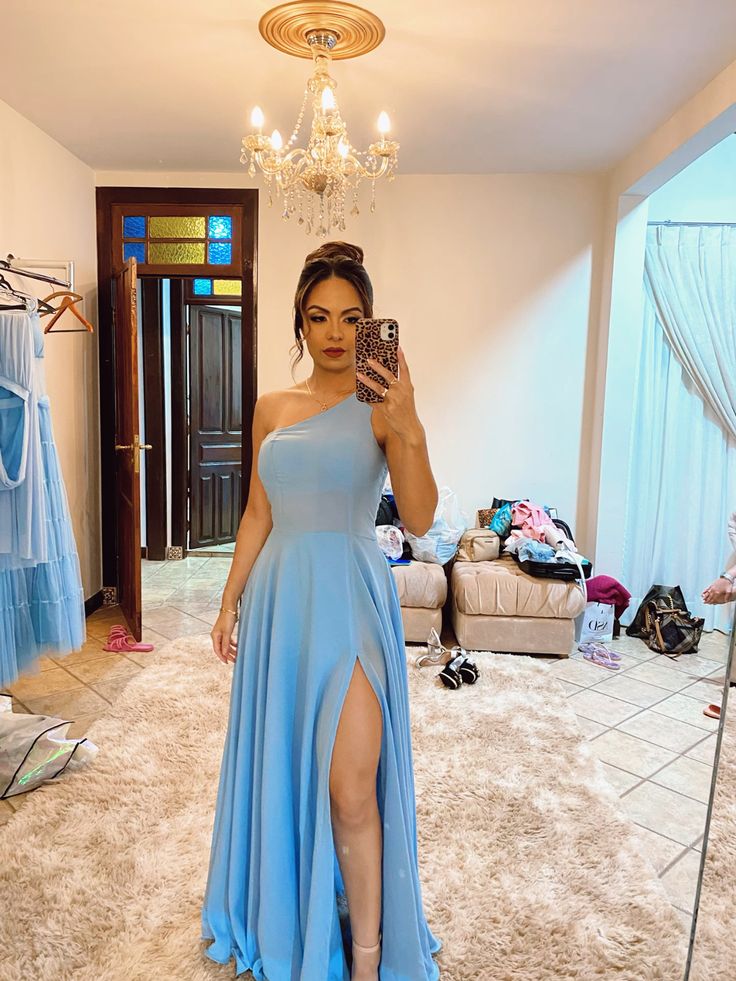 Elegant One Shoulder Blue Prom Dress With Slit Blue Bridesmaid Dress