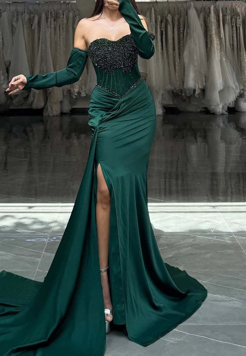 Off-Shoulder Sleeveless Beaded Ruched Fitted Mermaid Prom Dress simple gentle atmospheric and unique desi Bring summer colors to enhance whiteness