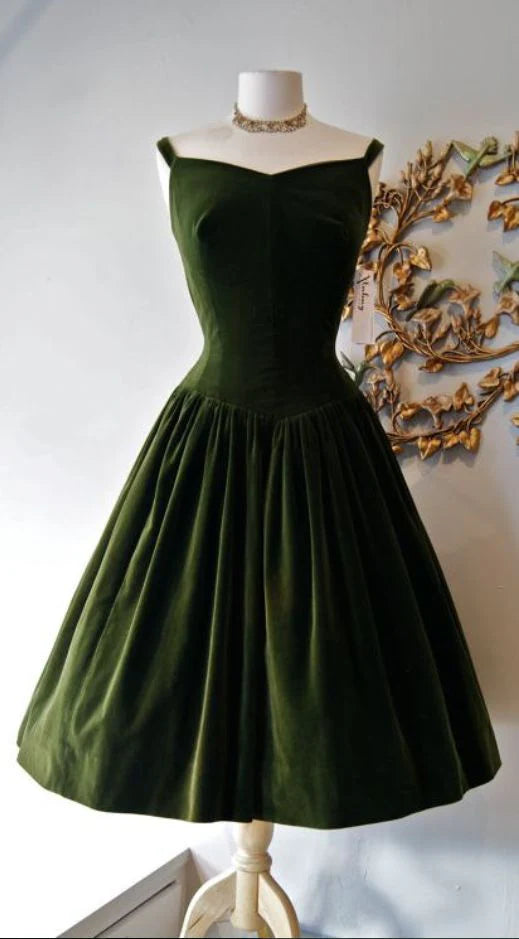 Vintage Prom Dress Dark Green Velvet Prom Dress Mini Short Homecoming Dress
