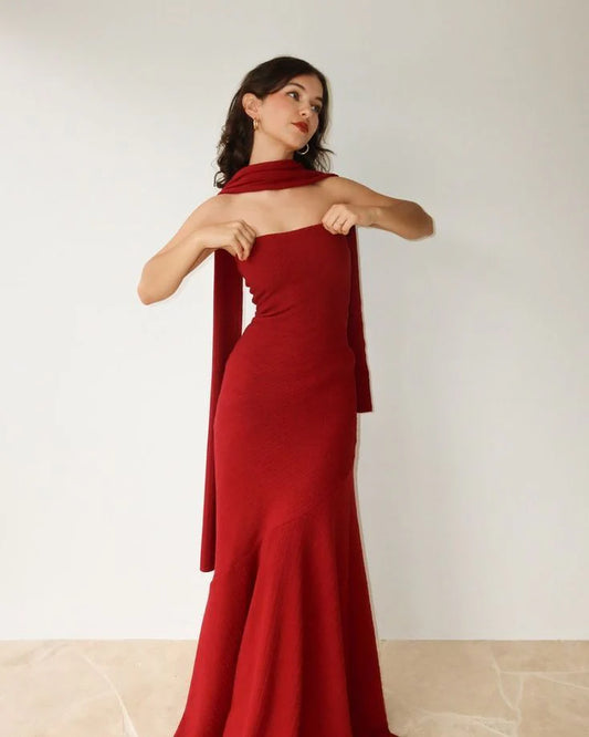 Strapless Mermaid Red Long Prom Dress Evening Dresses