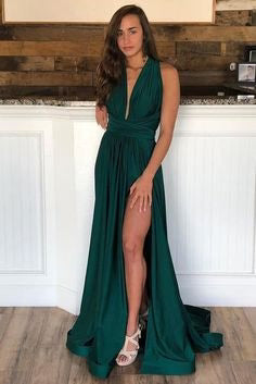 Plunging Neck Dark Green Long prom Evening Dress simple gentle atmospheric and unique desi Bring summer colors to enhance whiteness