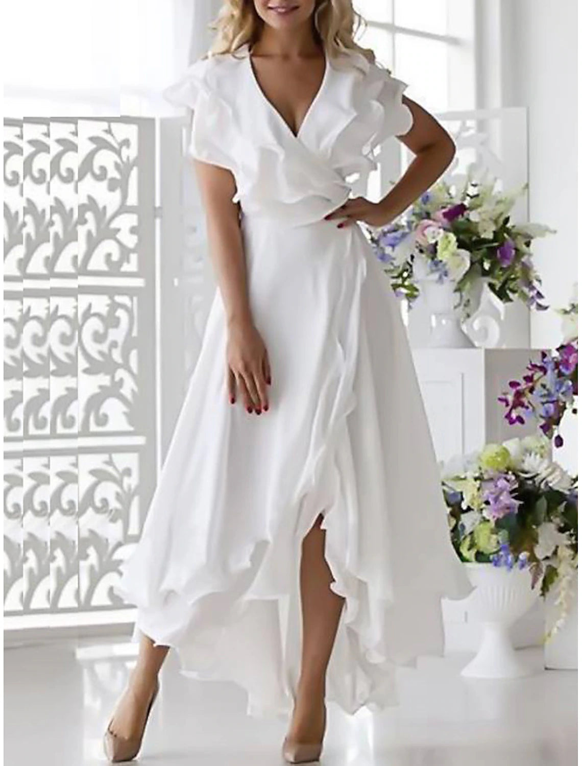 Beach Wedding A-Line Mother of the Bride Dress Wedding Guest Elegant High Low V Neck Asymmetrical Chiffon Short Sleeve with Ruffles Split Front