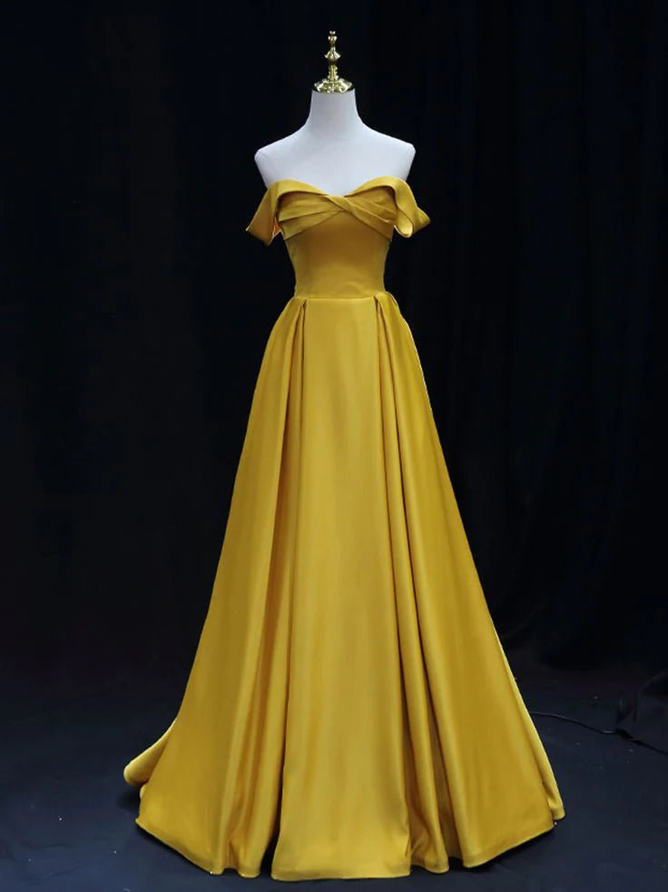 Simple Off Shoulder Yellow Satin Long Prom Dress Yellow Formal Evening Dress