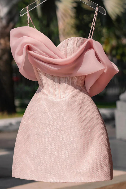 Off- Off-Shoulder Sleeveless Beaded Ruched Satin A-Line Mini Homecoming Dress