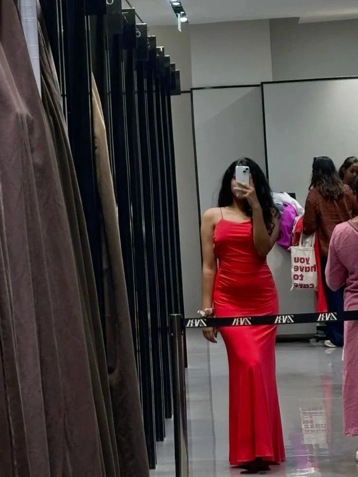 Modest Mermaid Spaghetti Straps Backless Red Long Prom Dresses Evening Dress formal wear dresses simple gentle atmospheric and unique desi Bring summer colors to enhance whiteness ﻿