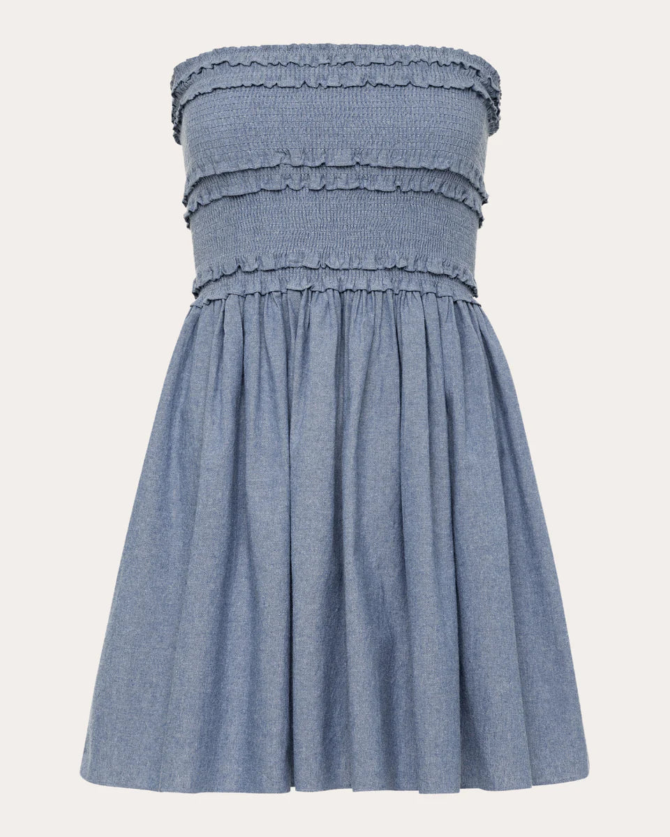 Anya Smocked Chambray Mini Dress simple gentle atmospheric and unique desi Bring summer colors to enhance whiteness