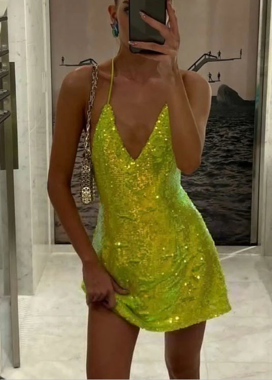 Sexy V Neck Sequin Bright Green Short Party Dress 18th Birthday Outfits simple gentle atmospheric and unique desi Bring summer colors to enhance whiteness ﻿