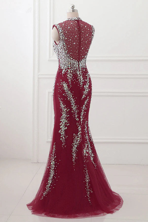 Luxury High-Neck Burgundy Mermaid Prom Dresses Sleeveless with White Rhinestones Simple gentle atmospheric and unique design