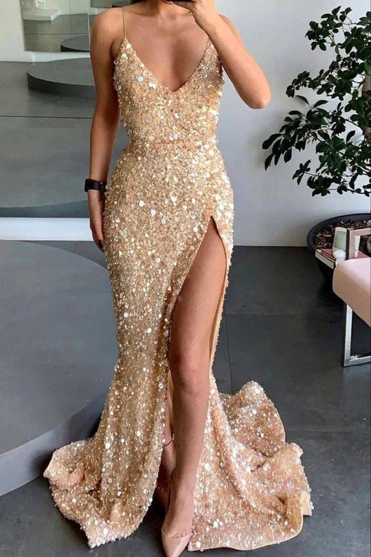 Spaghetti Straps Sequined High Slit Sleeveless Mermaid Long Prom Dress