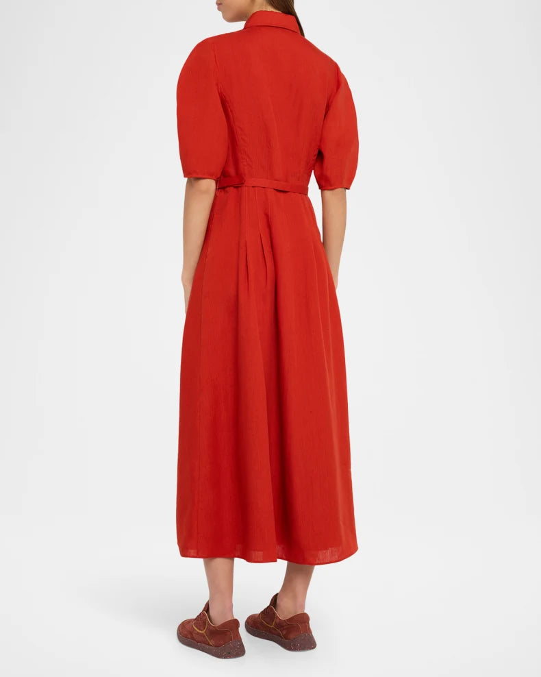 Maude Puff-Sleeve Belted Linen Midi Shirtdress Simple beautiful generous and full of charm