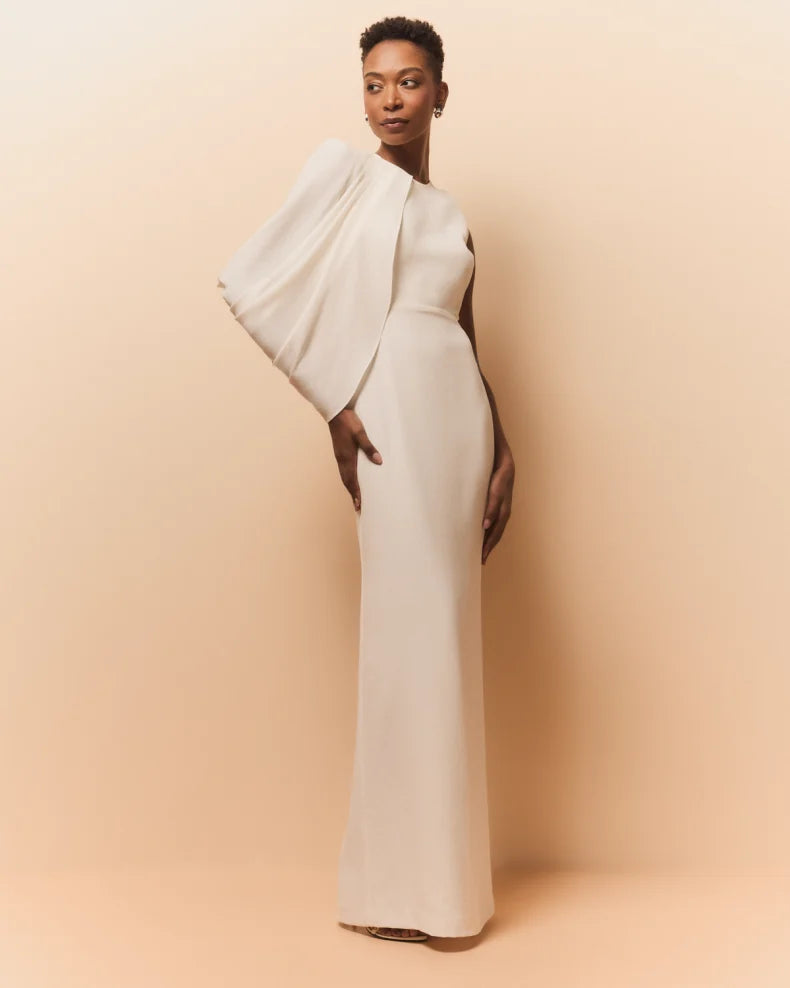 Asymmetric Cape-Sleeve Crepe Column Gown Beautiful and charming simple and unique design