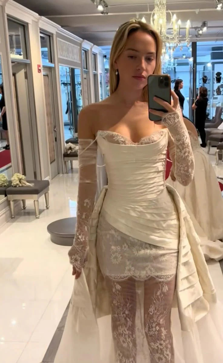 Elegant Spaghetti Strap Satin Lace Wedding Dress Bridal Gown