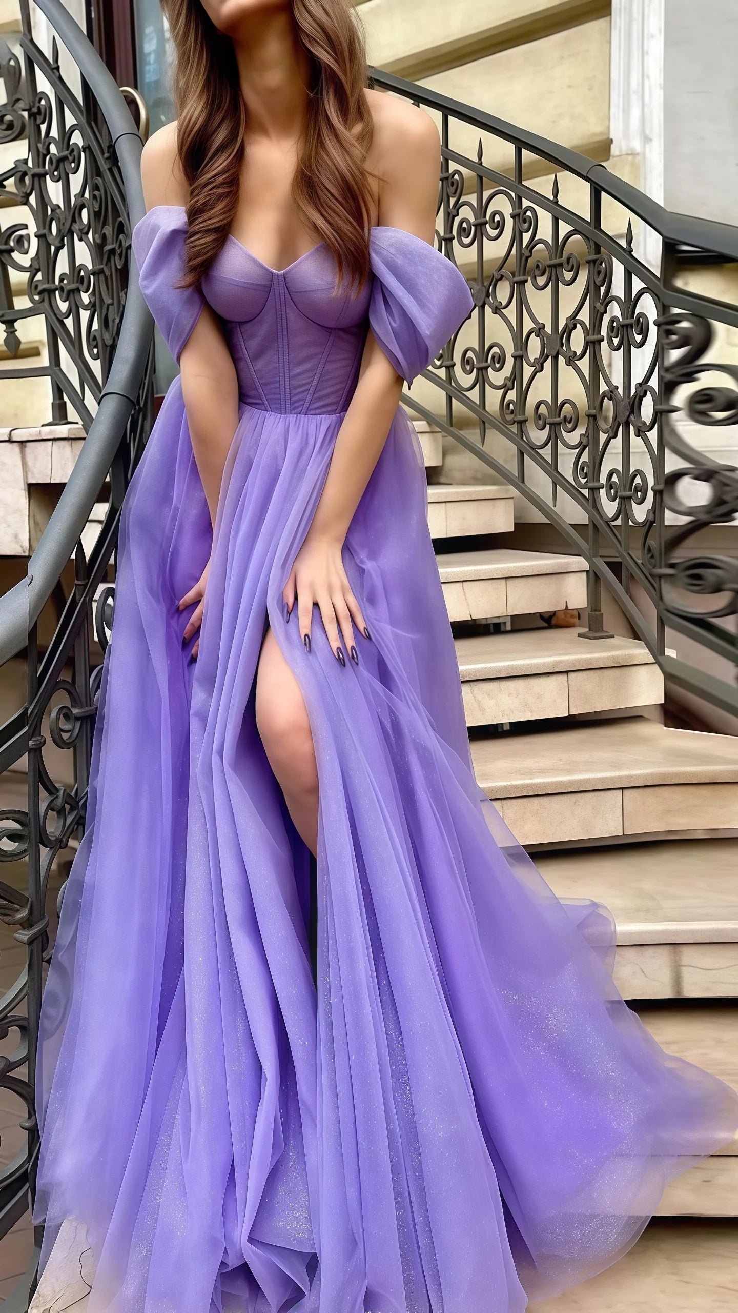 Sexy Mermaid Long Prom Dress Glitter Purple A-Line Sequin Tulle Prom Dress Off The Shoulder Celebrity Dress