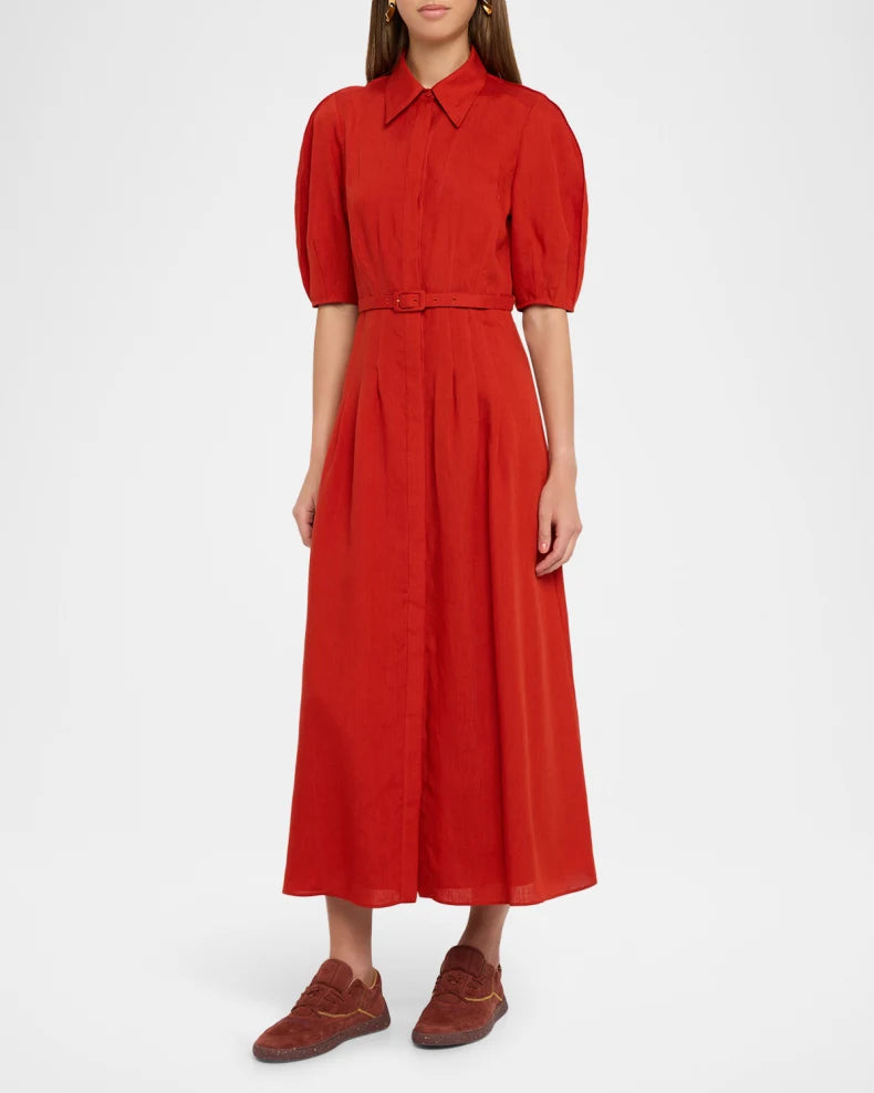 Maude Puff-Sleeve Belted Linen Midi Shirtdress Simple beautiful generous and full of charm