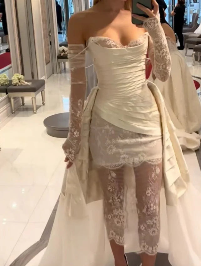 Elegant Spaghetti Strap Satin Lace Wedding Dress Bridal Gown