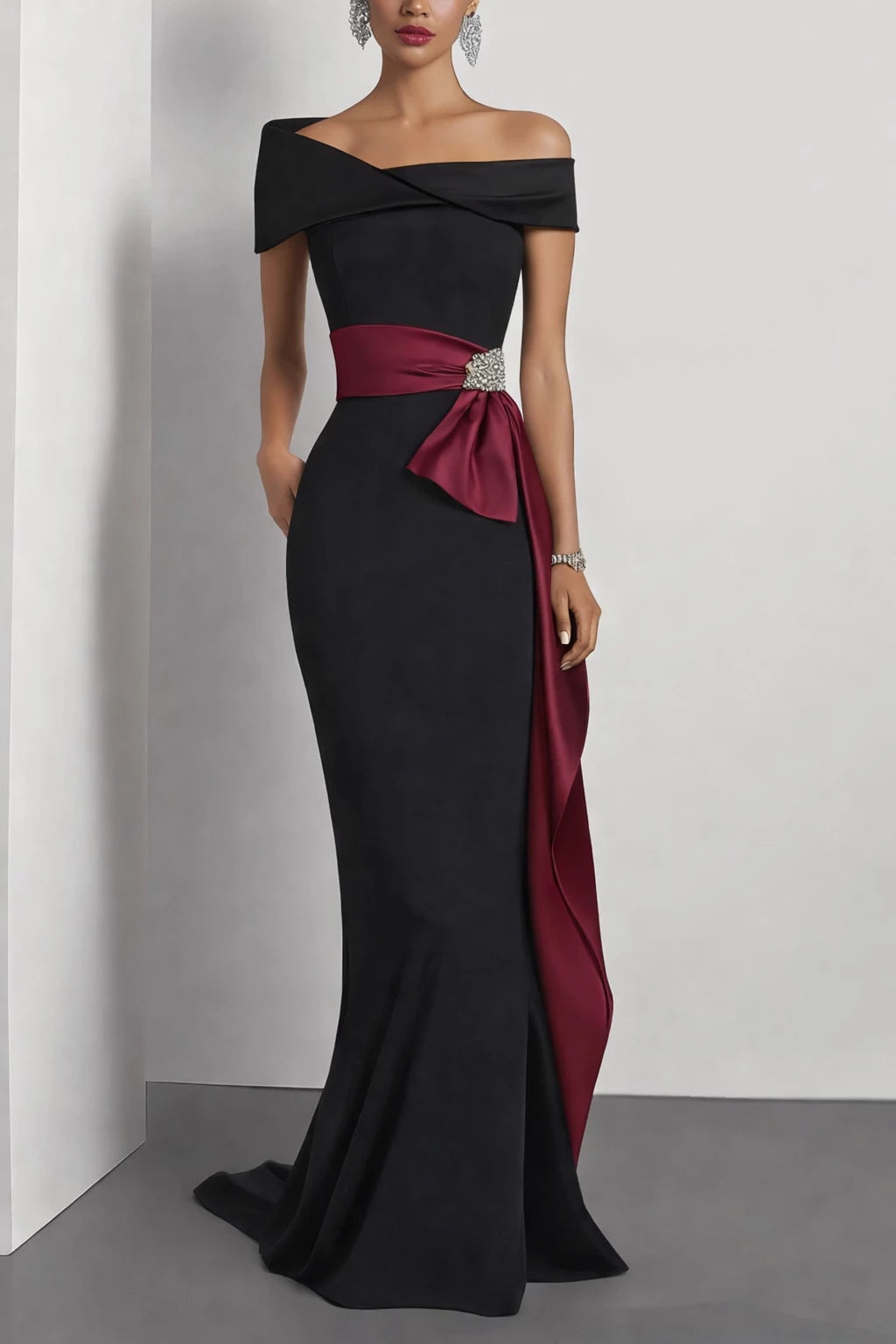 Elegant Evening Satin Dress Off-Shoulder Mermaid White Sash Rhinestone Dress