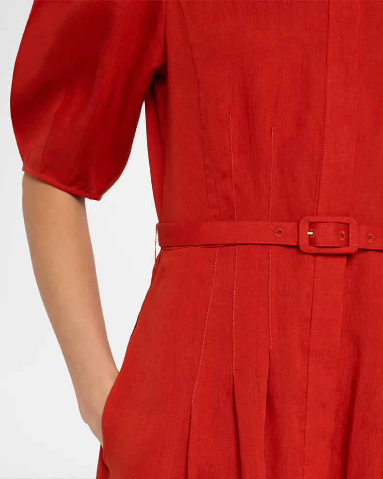 Maude Puff-Sleeve Belted Linen Midi Shirtdress Simple beautiful generous and full of charm