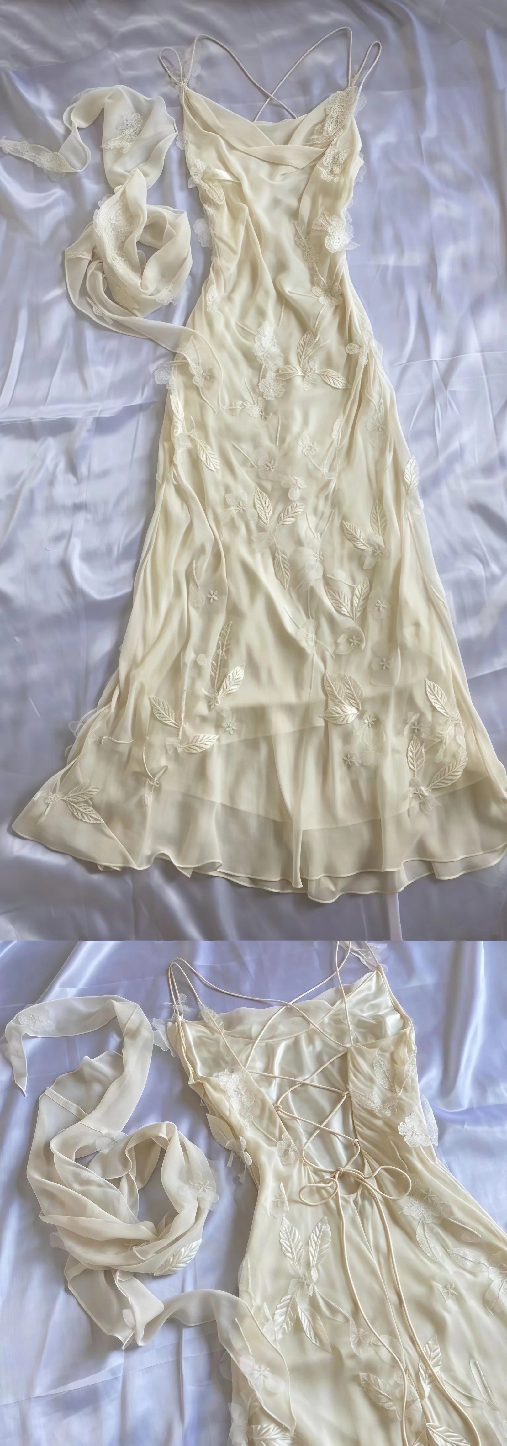 Ivory Floral Appliques Chiffon Party Dress Spring/Summer Lace Up Back Prom Dress