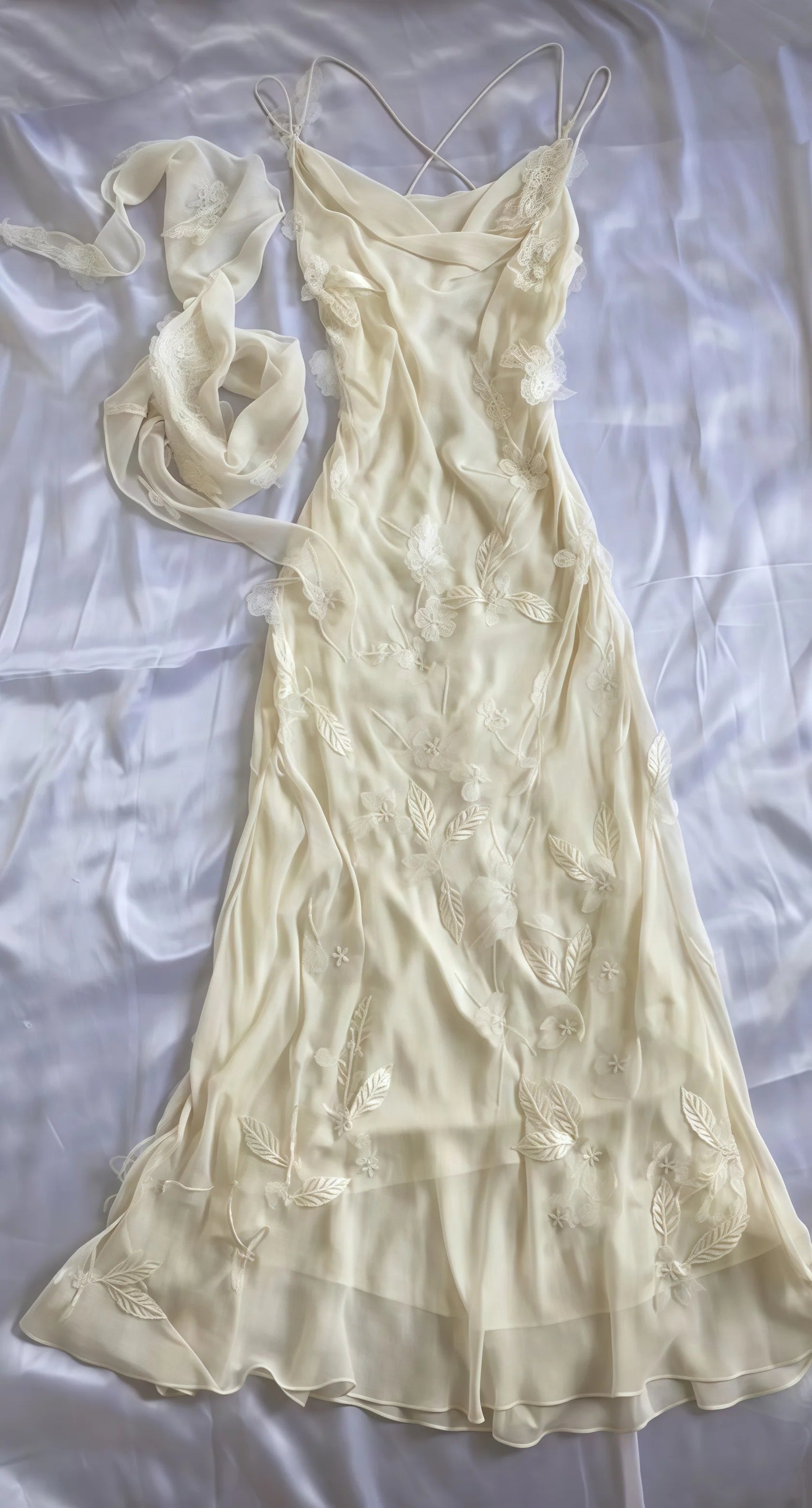 Ivory Floral Appliques Chiffon Party Dress Spring/Summer Lace Up Back Prom Dress